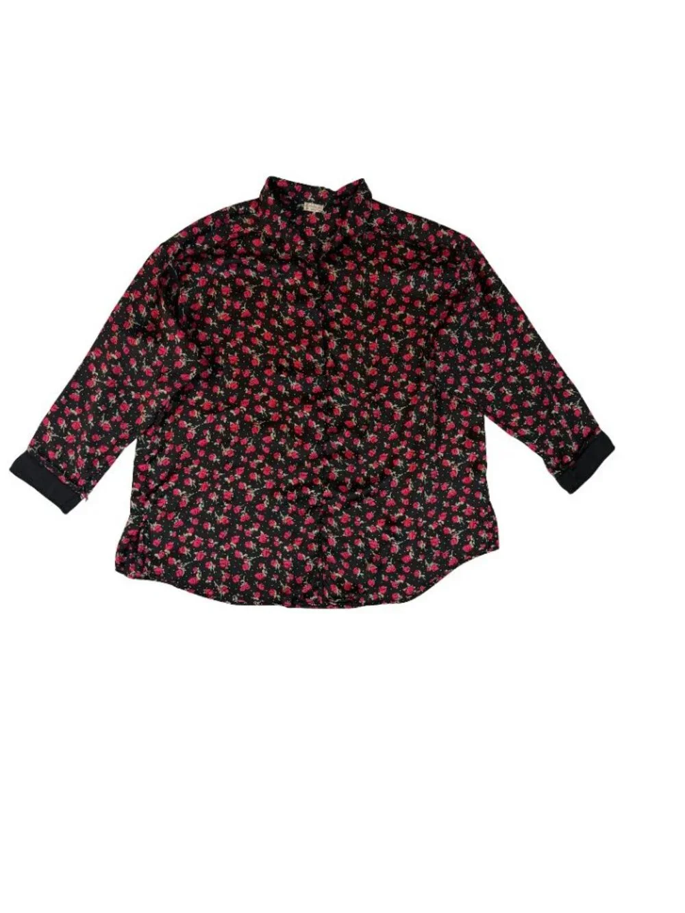 Free People Women’s Silk Floral Button Up Blouse Black Red Boho Top.